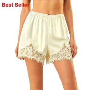 Satin Lace Trim Shorts Elastic Waist Micro Loungewear Sleepwear